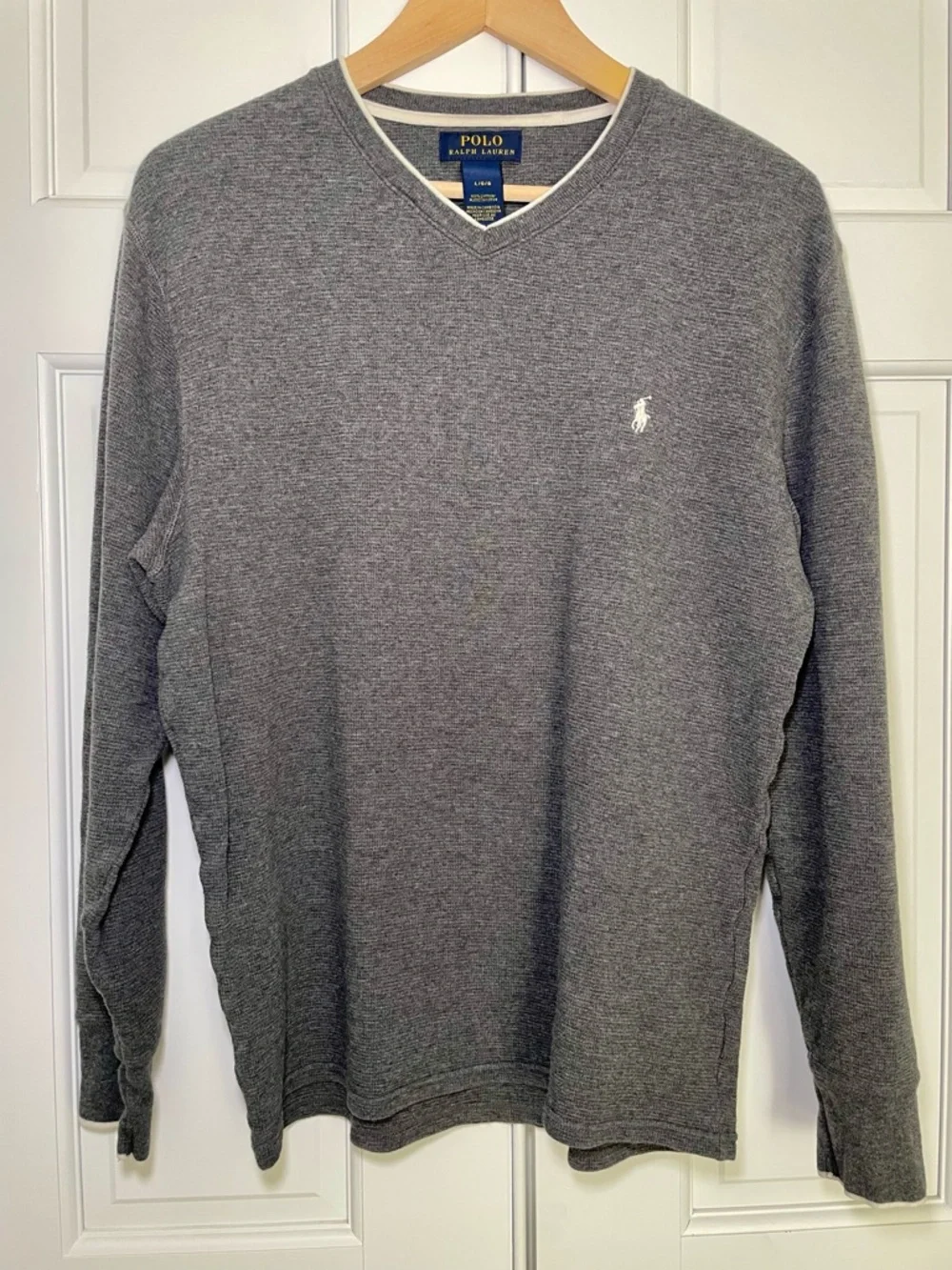 Polo Ralph Lauren Men's L Waffle-Knit Thermal V Neck Shirt Gray Preppy